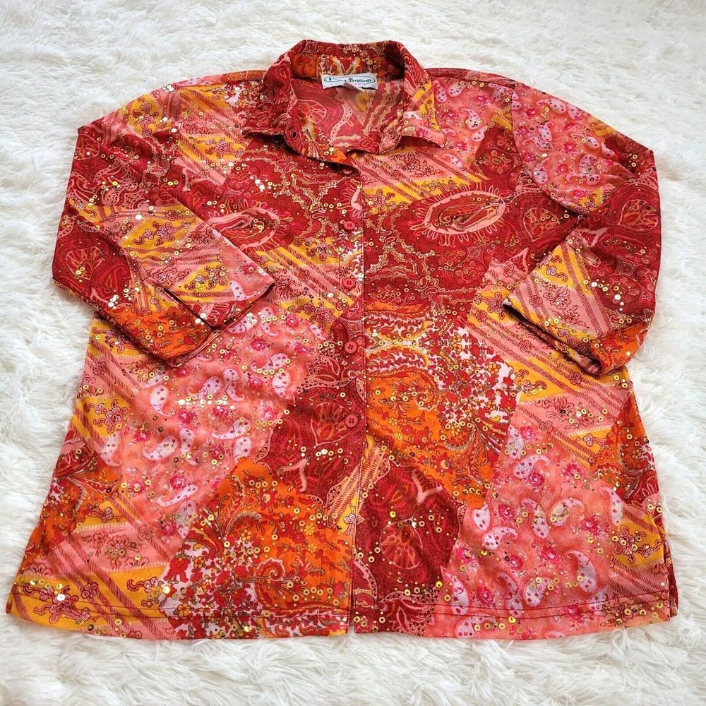 PAtchington Petite Paisley Top Shirt Womens‎ PL Pink Orange Boho Sequins 12747
